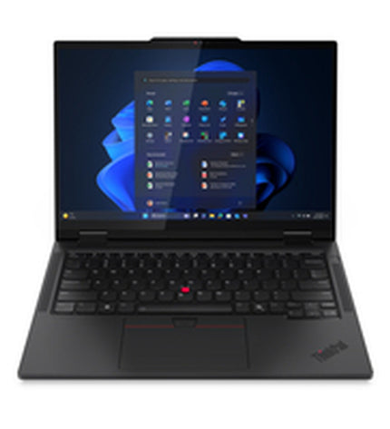 Lenovo ThinkPad T14s 2-in-1 laptop with 14-inch screen, QWERTY keyboard, 32GB RAM, and 1TB SSD, open showing keyboard and display.