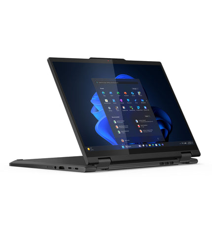 Lenovo ThinkPad T14s 2-in-1 laptop with 14-inch display, 32GB RAM, 1TB SSD, open with keyboard visible and screen turned on