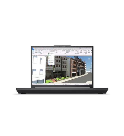 Lenovo 16-inch laptop with 32 GB RAM, 1 TB SSD, QWERTY Spanish keyboard, sleek design, open on a workspace.