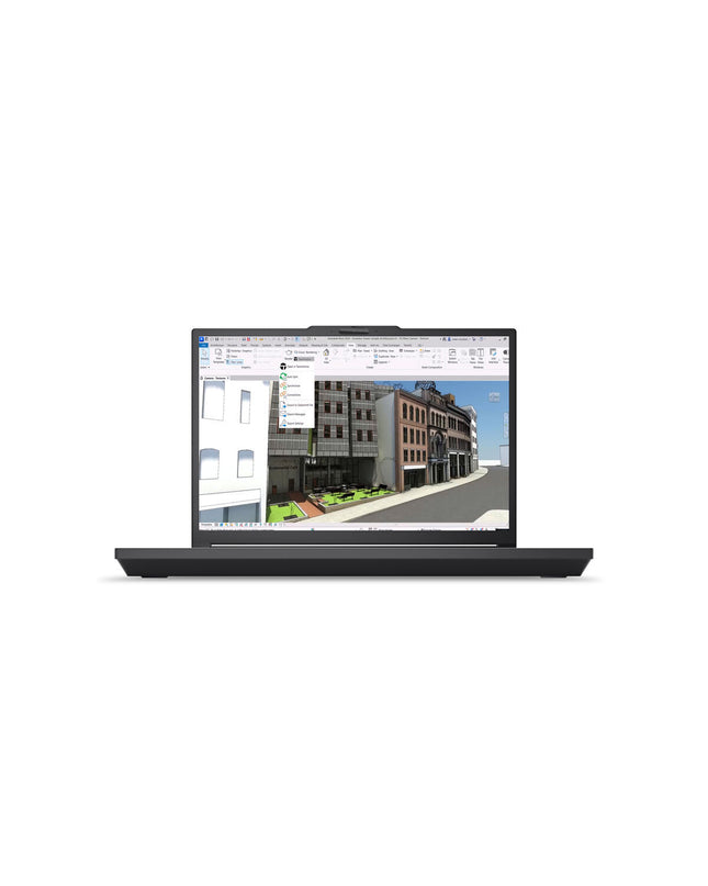 Lenovo 16-inch laptop with 32 GB RAM, 1 TB SSD, QWERTY Spanish keyboard, sleek design, open on a workspace.