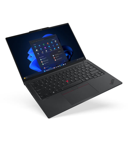Lenovo 14-inch laptop with Intel Core Ultra 7, 32GB RAM, 1TB SSD, and Intel Arc 140 graphics, shown from front angle.
