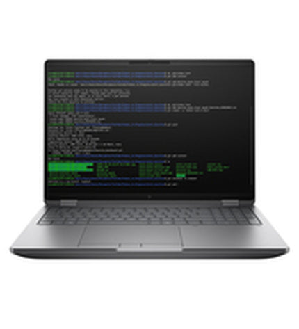 HP 16-inch laptop with Intel Core i7, 32GB RAM, 512GB storage, QWERTY Spanish keyboard, sleek design.