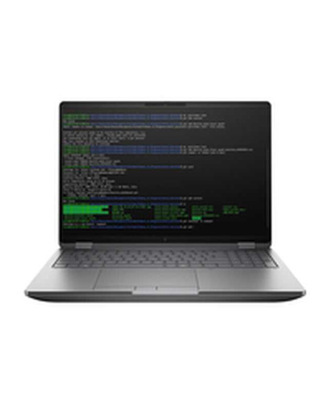 HP 16-inch laptop with Intel Core i7, 32GB RAM, 512GB storage, QWERTY Spanish keyboard, sleek design.