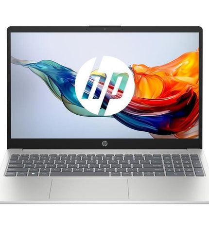 HP laptop for calculations, showing a sleek silver design with keyboard and screen visible in the image.