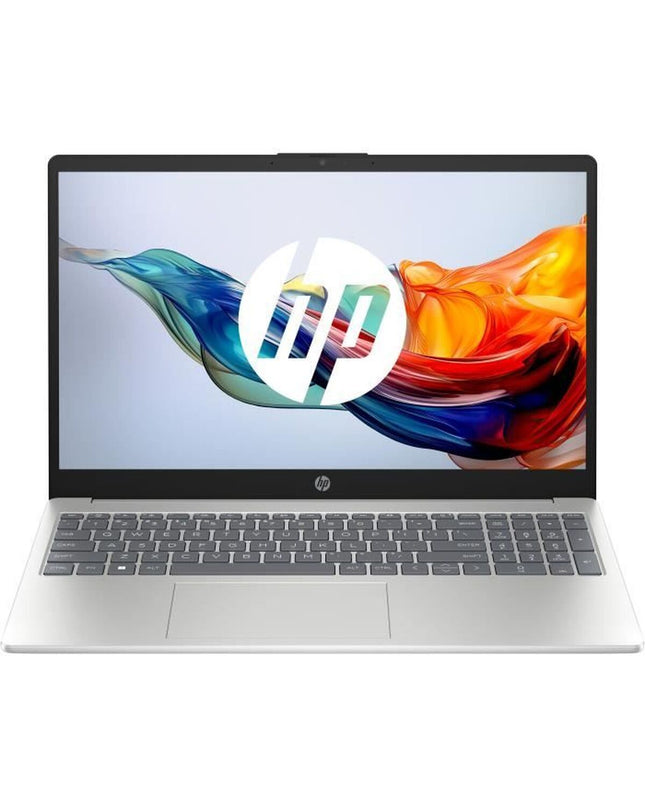 HP laptop for calculations, showing a sleek silver design with keyboard and screen visible in the image.