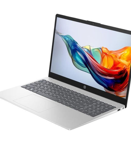 HP laptop used for calculations, showing a sleek design and keyboard, ideal for business and everyday computing tasks.