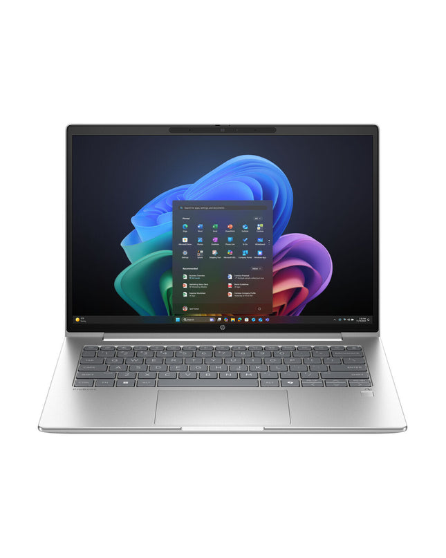 HP CQ0D7ET 14-inch laptop with Qualcomm processor, 16GB RAM, and 512GB SSD, showing the laptop open with keyboard and screen.