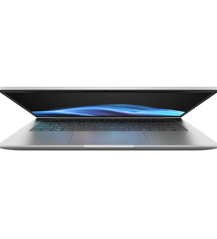 HP CQ0D7ET 14-inch laptop with Qualcomm processor, 16GB RAM, and 512GB SSD, shown open with keyboard and screen visible.