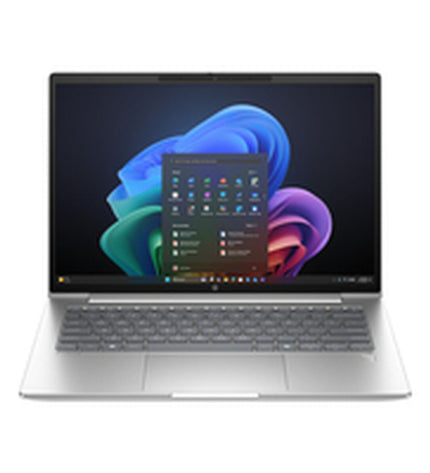 HP CQ0D8ET 14-inch laptop with Qualcomm processor, 32GB RAM, and 1TB SSD visible on the screen and keyboard.