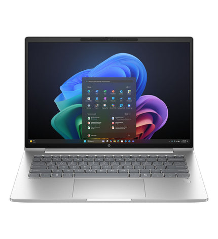 HP CQ0D8ET 14-inch laptop with Qualcomm processor, 32GB RAM and 1TB SSD, showing the sleek silver design and keyboard layout