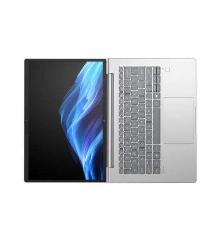 HP CQ0D8ET#ABE 14-inch laptop with Qualcomm processor, 32GB RAM, and 1TB SSD, shown open with keyboard and screen visible.