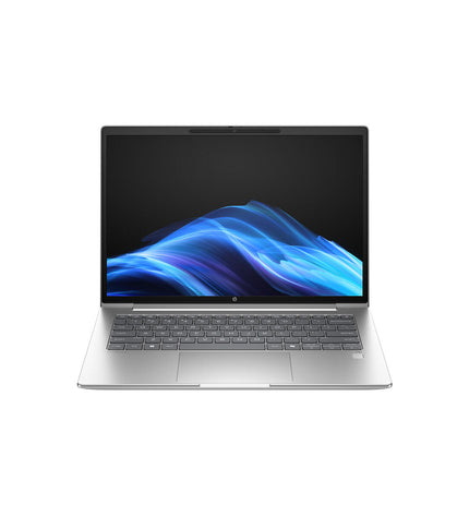 HP CQ0D8ET 14-inch laptop with Qualcomm processor, 32GB RAM, and 1TB SSD, shown from the side with a sleek design.