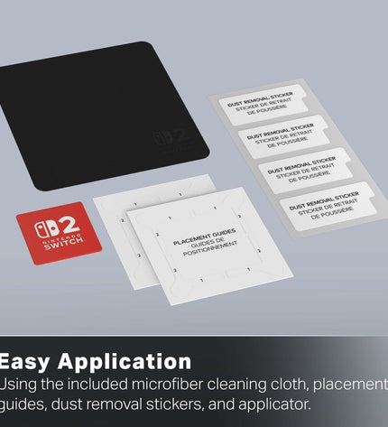 Powera Nintendo Switch 2 screen protector for plug-and-play consoles, shown on the device with clear visibility of the packaging.