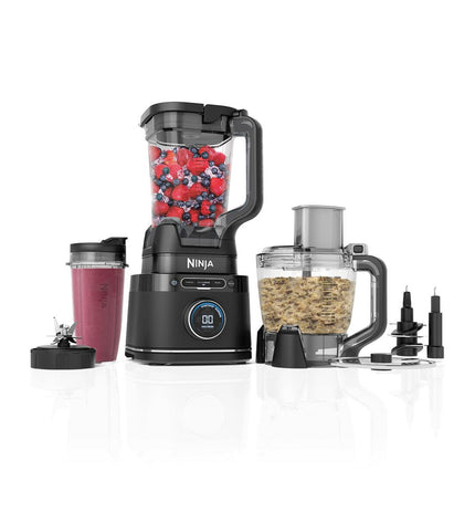 Ninja TB401EU black 1200W compact kitchen mixer, small electric appliance for home cooking, with blending and mixing attachments.
