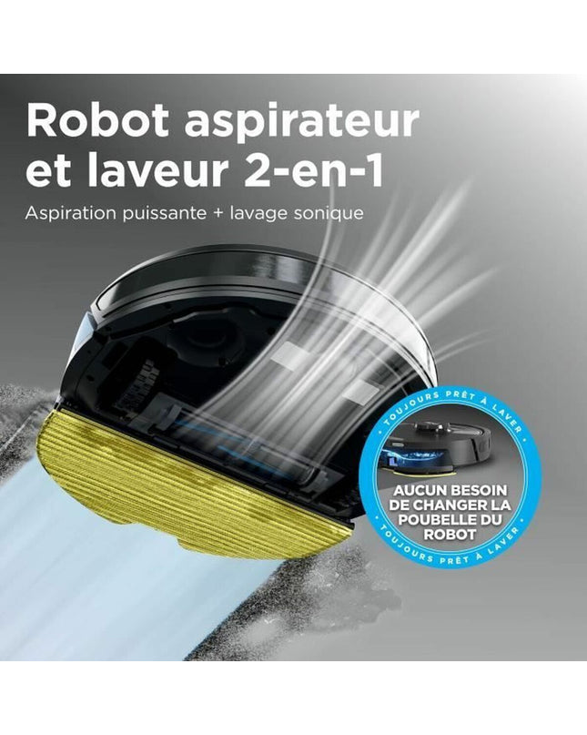 Shark robot stofzuiger on a hardwood floor, showing its sleek design and cleaning brushes for efficient home floor cleaning.