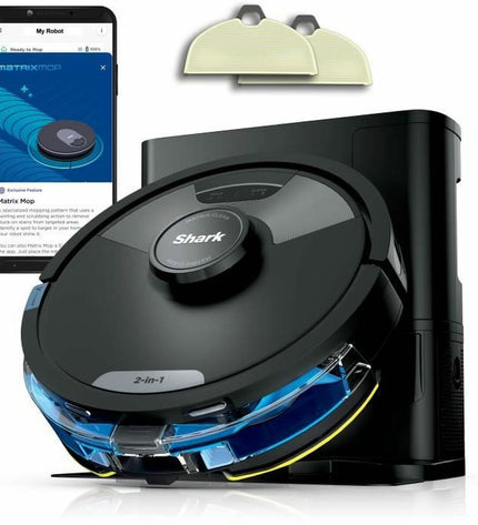 Shark robot stofzuiger cleaning hardwood floor, compact design, with dustbin and sleek black finish.