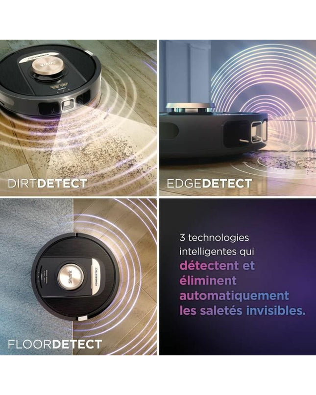 Shark robot stofzuiger cleaning hardwood floor, compact design, in a modern home setting for efficient floor maintenance.