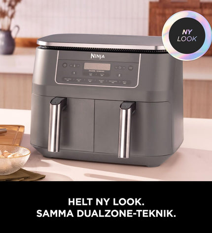 Ninja DZ300EU grey air fryer with digital display and large 7.6L capacity, 2400W, on kitchen countertop.