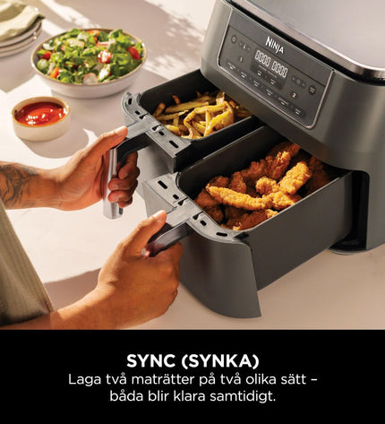 Ninja DZ300EU gray air fryer with 7.6L capacity and 2400W power, compact electric kitchen appliance for healthy cooking.