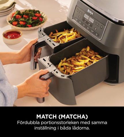 NINJA DZ300EU gray air fryer with 7.6L capacity and 2400W power, showing the compact kitchen appliance on a countertop