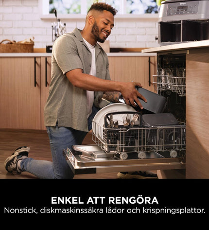 NINJA DZ300EU grey air fryer with digital display, 7.6L capacity, 2400W, shown on kitchen countertop.