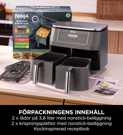 NINJA DZ300EU gray air fryer with 7.6L capacity and 2400W power, shown on a kitchen countertop.