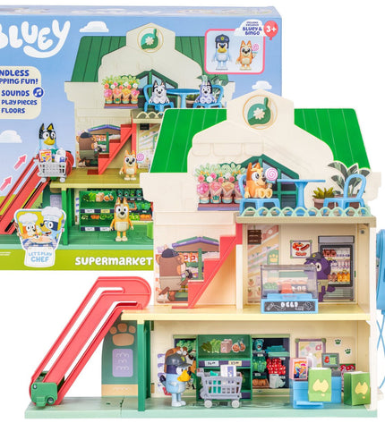 Bluey Playset with light and sound features, featuring colorful toy figures from the Bluey doll and action figure collection.