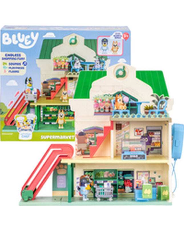 Bluey Playset Licht Geluid toy with colorful plastic figures and interactive lights and sounds, designed for children’s play.