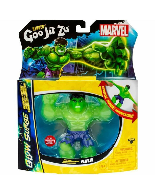 Goo Jit Zu Hulk Glow Surge action figure from the Goo Jit Zu toy line, featuring a green Hulk figure with glow-in-the-dark details.