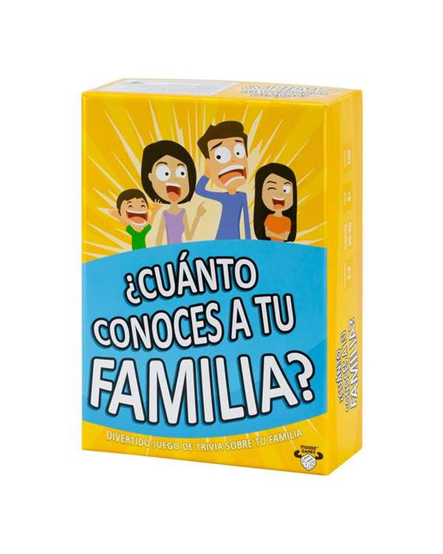 Moose Cuánto Conoces A Tu Familia card game, family quiz game with colorful cards and game accessories, for fun family gatherings.