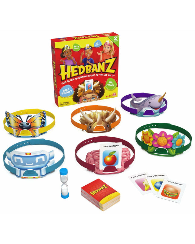 Spin Master Hedbanz game with colorful cards and game pieces, designed for fun family and party gameplay.