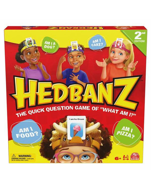 Spin Master Hedbanz game featuring colorful cards and game pieces, ideal for fun family and party game sessions.