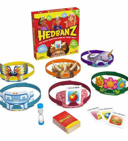 Spin Master Hedbanz board game with colorful cards and game pieces, ideal for family fun and interactive gameplay.