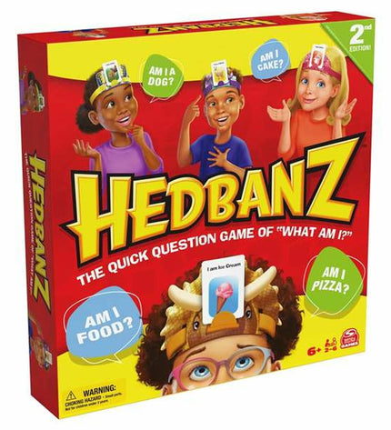 Spin Master Hedbanz game for kids, featuring colorful cards and game pieces on a playful background.