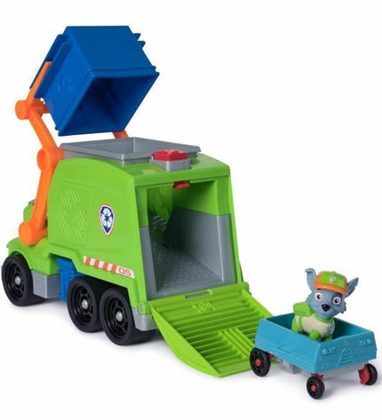 Spin Master Rocky Paw Patrol action figure with green uniform and accessories, detailed toy for kids' play and collection.