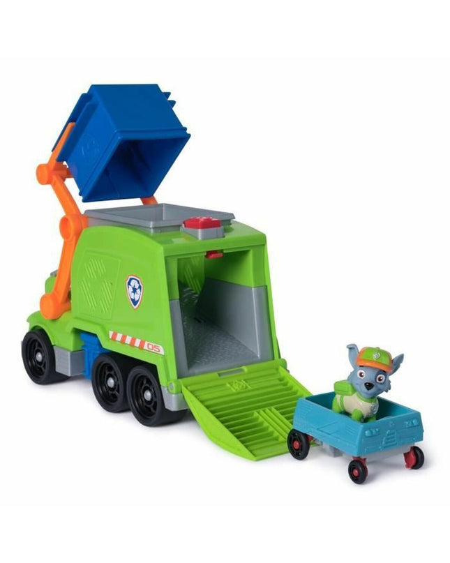 Spin Master Rocky Paw Patrol action figure with green uniform and accessories, detailed toy for kids' play and collection.