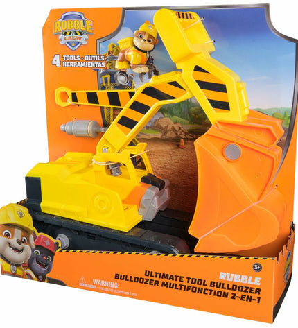 Spin Master Rubble action figure from Paw Patrol toy set, detailed plastic construction with rescue gear and expressive facial features.