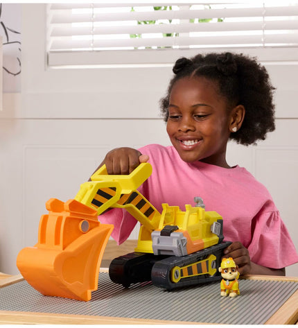 Spin Master Rubble action figure from Paw Patrol, detailed toy character in colorful rescue gear, ideal for children's play.