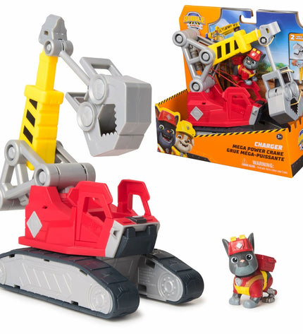 Spin Master Rubble action figure from Paw Patrol, detailed plastic toy with rescue gear, suitable for children's play.