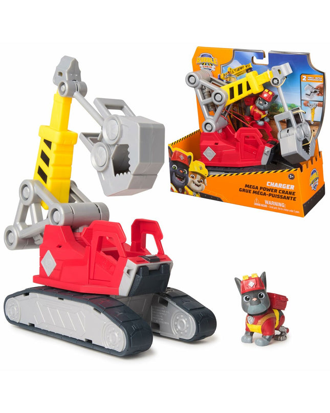 Spin Master Rubble action figure from Paw Patrol, detailed plastic toy with rescue gear, suitable for children's play.