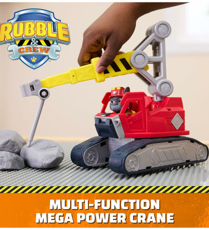 Spin Master Rubble action figure from Paw Patrol, detailed plastic toy in uniform with construction helmet and accessories.