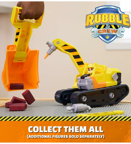 Spin Master Rubble action figure from Paw Patrol, detailed toy figure with rescue gear, ideal for play and collection.