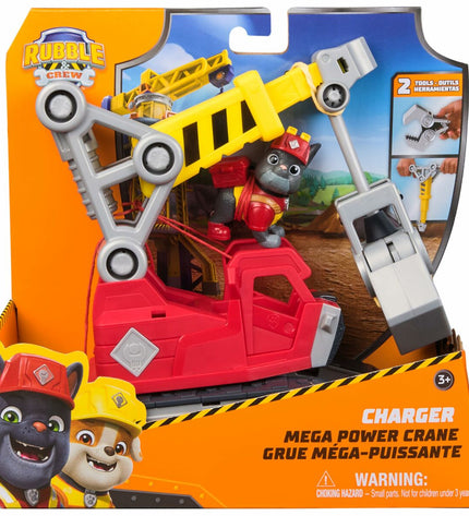 Spin Master Rubble action figure from Paw Patrol, detailed plastic toy of construction pup with yellow vest and construction helmet.