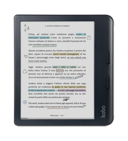 Rakuten N428-KU-BK-K-CK black 32GB 7-inch eBook reader with screen displaying text and icons, electronic device for digital reading