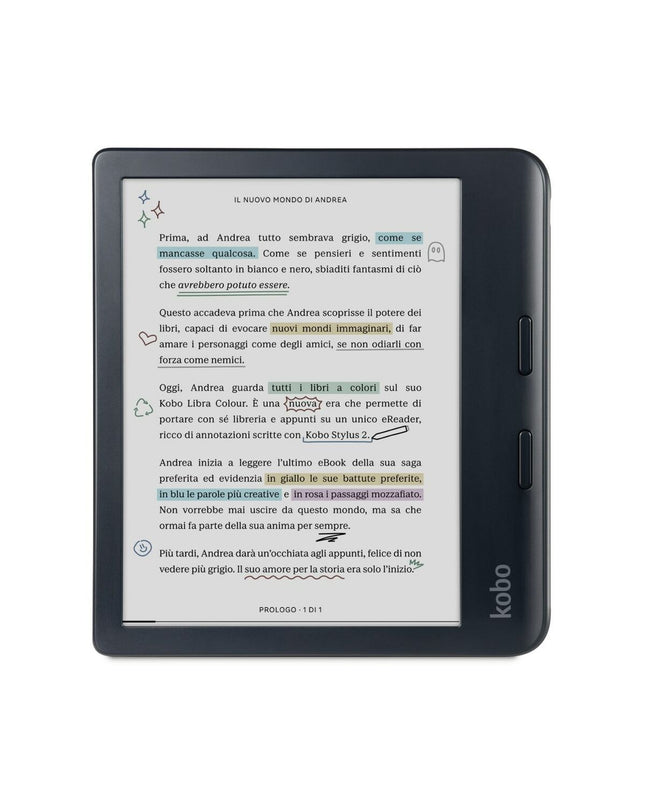 Rakuten N428-KU-BK-K-CK black 32GB 7-inch eBook reader with screen displaying text and icons, electronic device for digital reading
