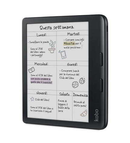 Rakuten N428-KU-BK-K-CK black 7-inch 32 GB eBook reader with screen displaying text, electronic device for digital reading.