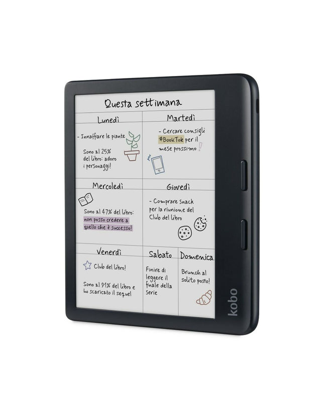 Rakuten N428-KU-BK-K-CK black 7-inch 32 GB eBook reader with screen displaying text, electronic device for digital reading.