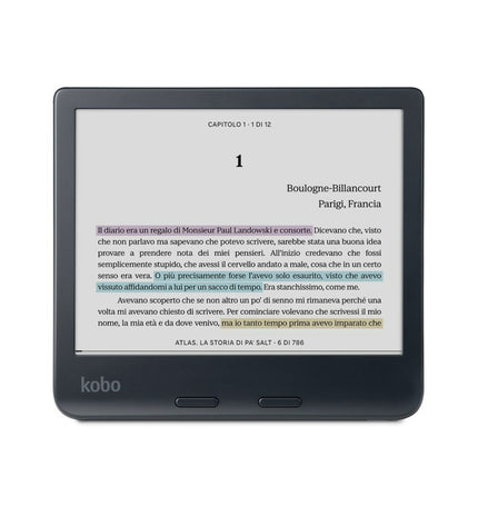 Rakuten N428-KU-BK-K-CK black 32GB 7-inch eBook reader showing the front screen with book content and navigation buttons.