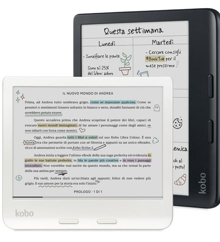 Rakuten N428-KU-BK-K-CK black 7-inch eBook reader with 32GB storage, showing the device's front view and screen display.