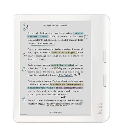 Rakuten N428-KU-WH-K-CK 32GB white 7-inch eBook reader with screen displaying text and controls on a sleek electronic device.